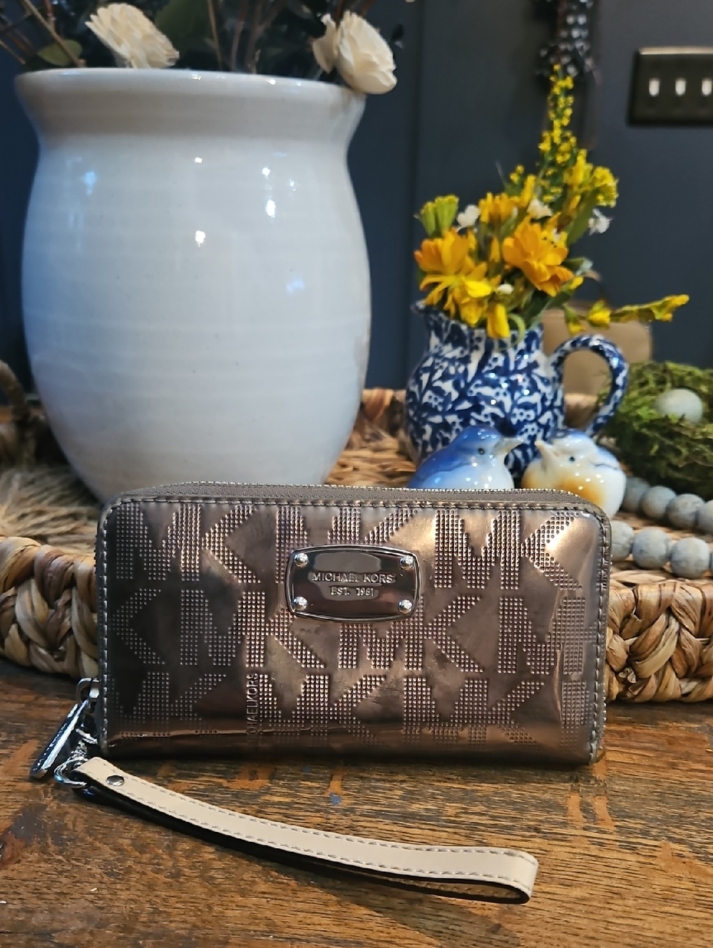 Michael Kors Metallic Bronze Logo Wristlet Wallet with Cream Strap‎